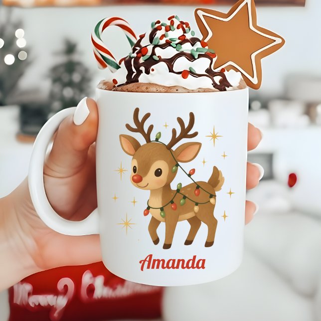 Personalized Whimsical Reindeer Christmas Mug Kaffeetasse (Von Creator hochgeladen)