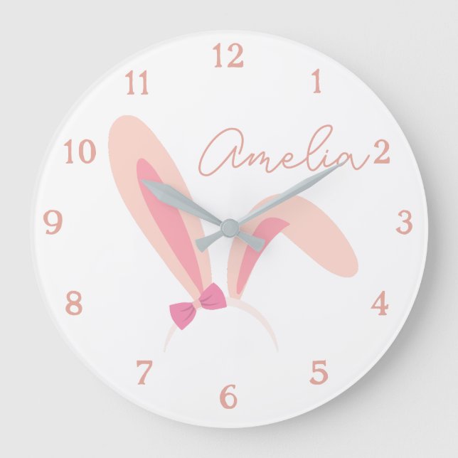 Personalized White Bunny Nursery Wall Clock Pastel Große Wanduhr (Vorderseite)