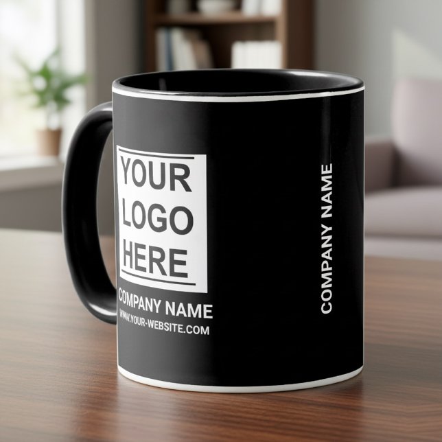Personalized White Company Logo on: Business Black Tasse (Custom company logo mug, Corporate black coffee cup, Professional office)