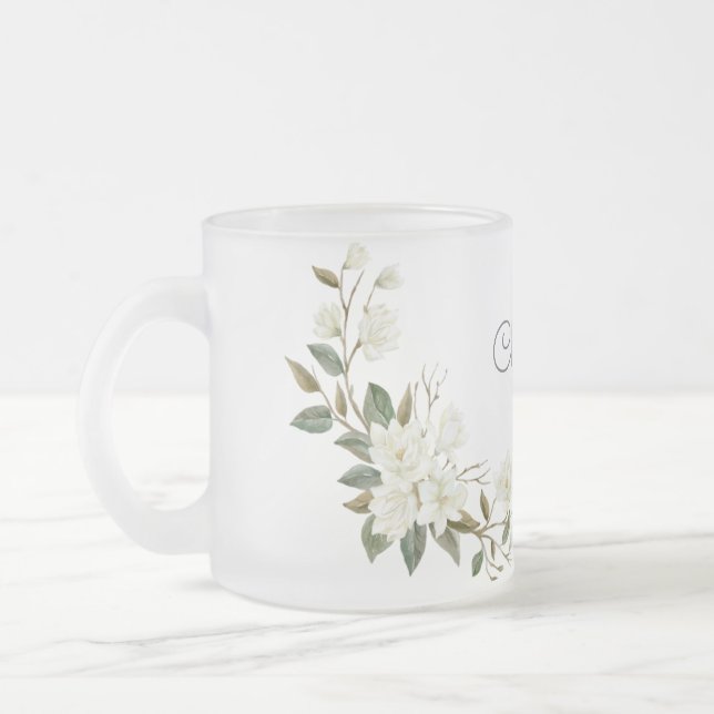 Personalized White Floral Mug, Elegant Custom Name Mattglastasse (Links)