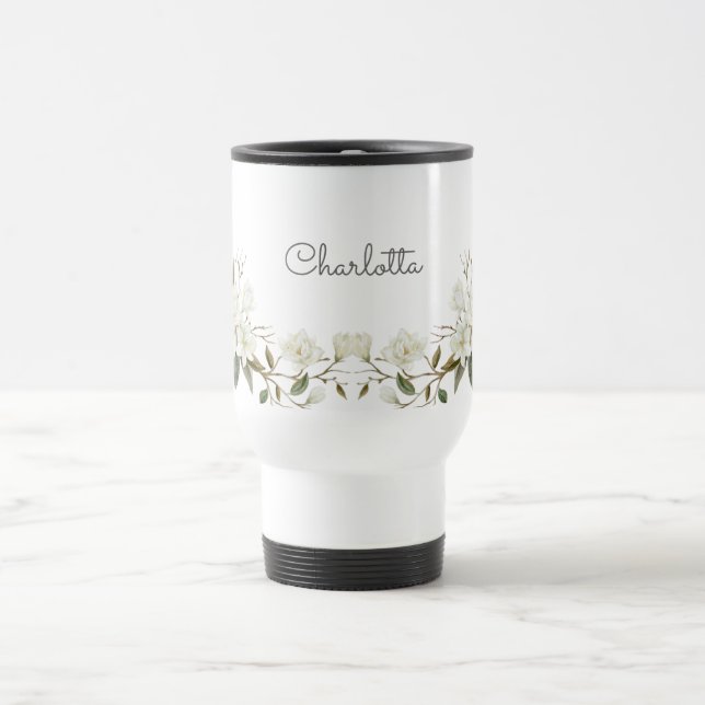 Personalized White Floral Mug, Elegant Custom Name Reisebecher (Mittel)