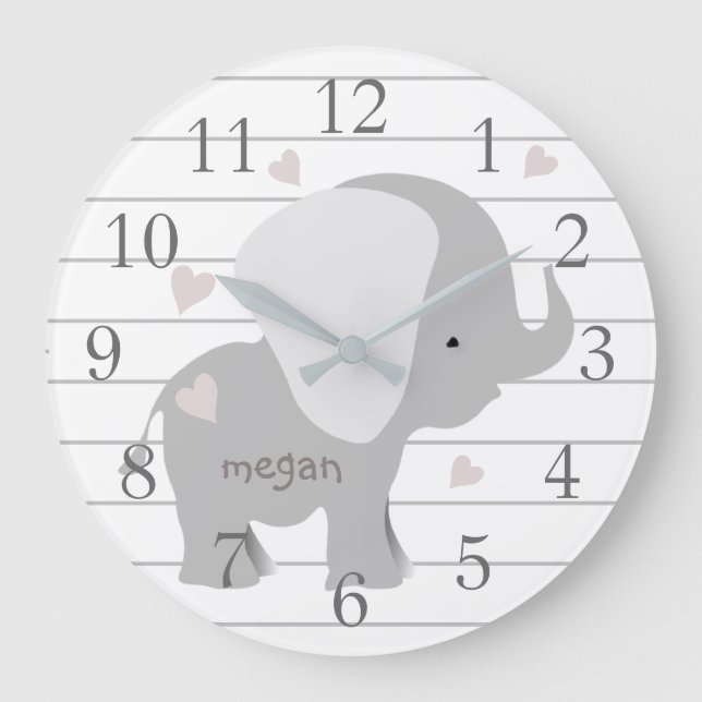 Personalized White Grey Elephant Wall Clock Große Wanduhr (Vorderseite)