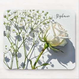 Personalized White Rose Floral Desk Mousepad