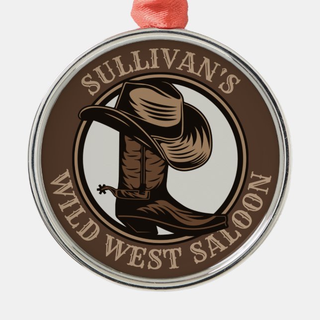 Personalized Wild West Saloon Western Cowboy Boots Ornament Aus Metall (Vorne)