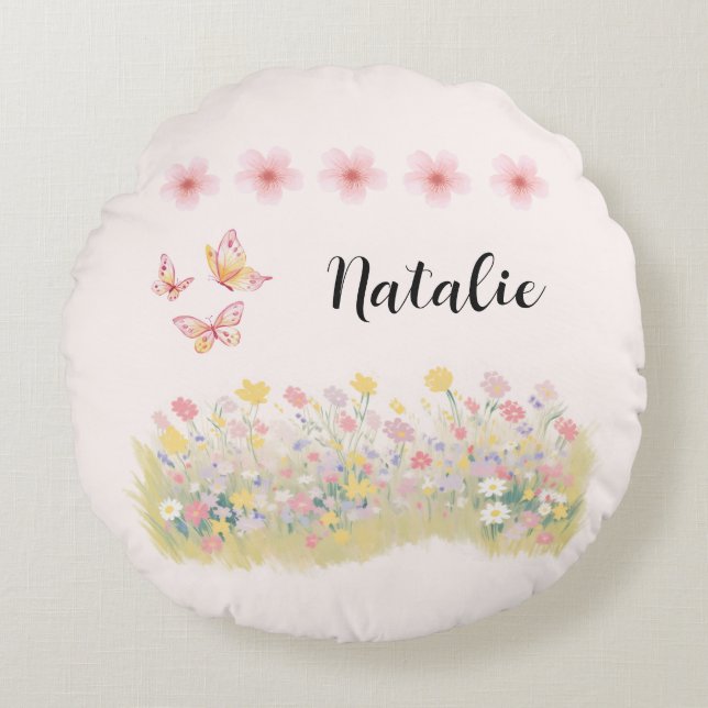 Personalized Wildflower & Butterfly Round Pillow Rundes Kissen (Vorderseite)