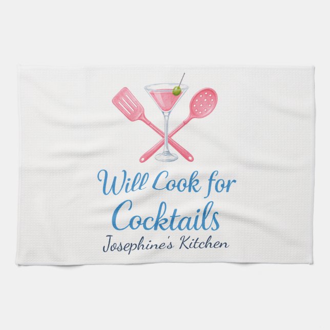 Personalized Will Cook for Cocktails Funny Elegant Geschirrtuch (Horizontal)