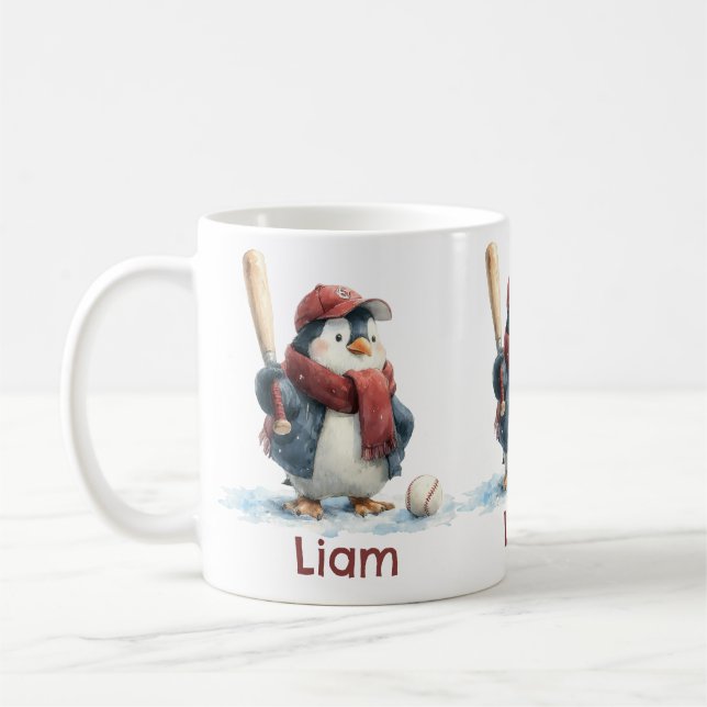 Personalized Winter Penguin Baseball Kid Kaffeetasse (Links)