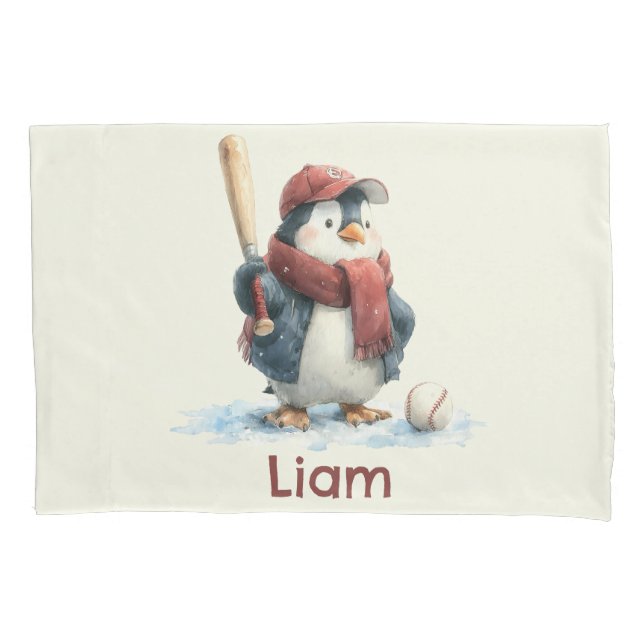 Personalized Winter Penguin Baseball Kid Kissenbezug (Vorderseite)