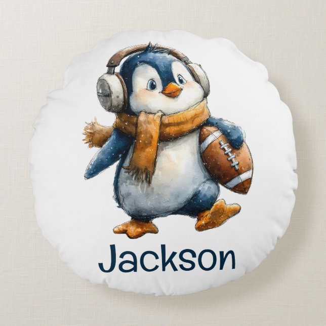 Personalized Winter Penguin Football Kid Rundes Kissen (Vorderseite)
