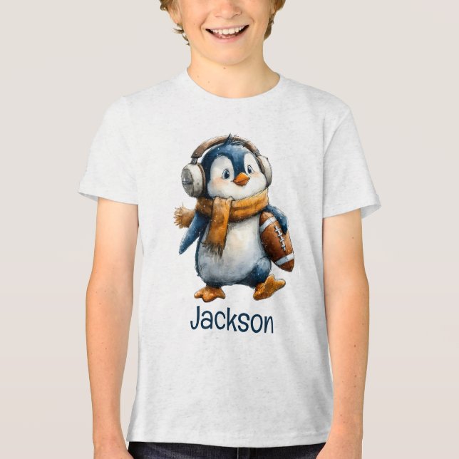 Personalized Winter Penguin Football Kid Tri-Blend Shirt (Vorderseite)