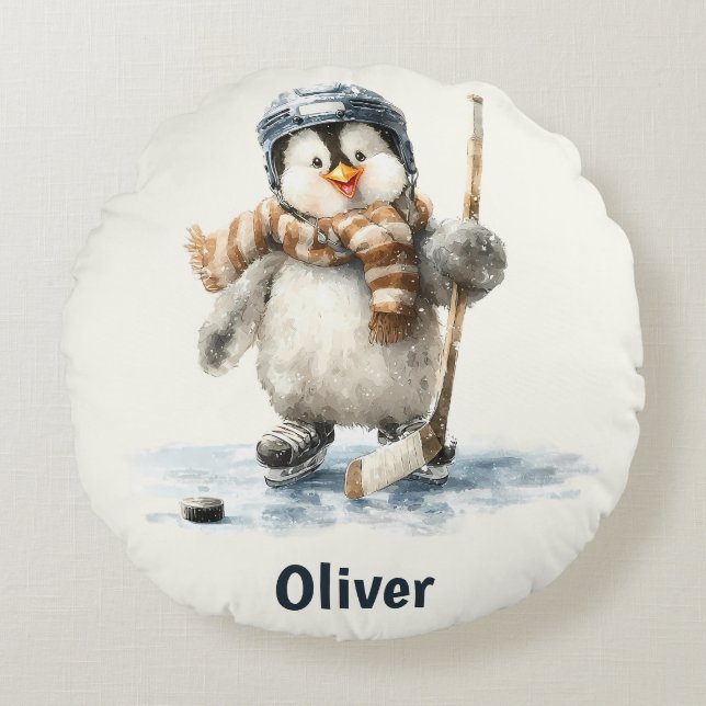 Personalized Winter Penguin Hockey Kid Rundes Kissen (Vorderseite)