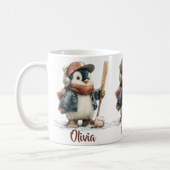 Personalized Winter Penguin Softball Kid Kaffeetasse (Links)