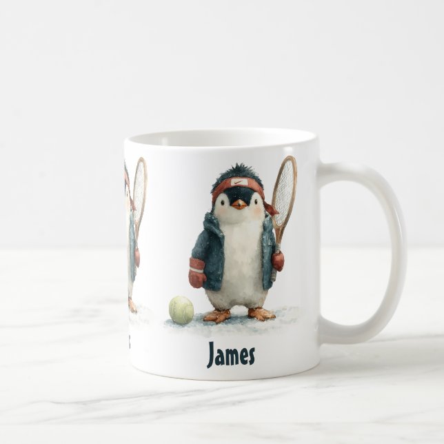 Personalized Winter Penguin Tennis Kid Kaffeetasse (Rechts)