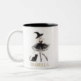 Personalized Witch & Black Cat Mug with Gothic Bow Zweifarbige Tasse
