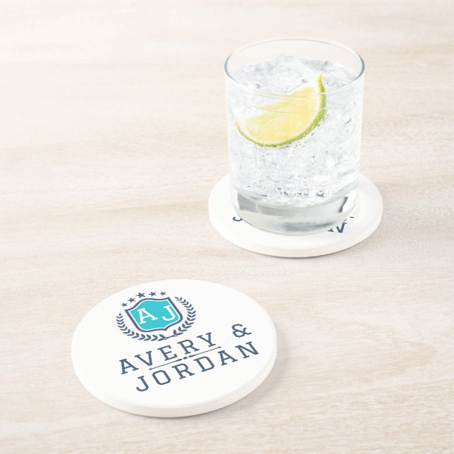 Personalized wite blue Monogram Wedding  Getränkeuntersetzer (Seite)