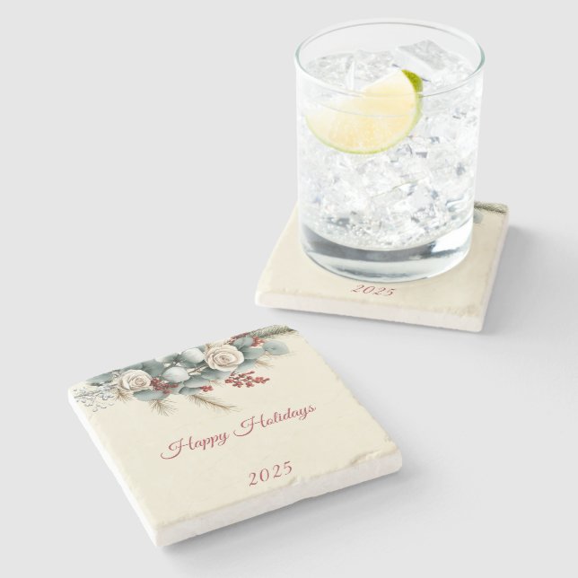 Personalized Woodland Happy Holidays Steinuntersetzer (Seitenansicht)