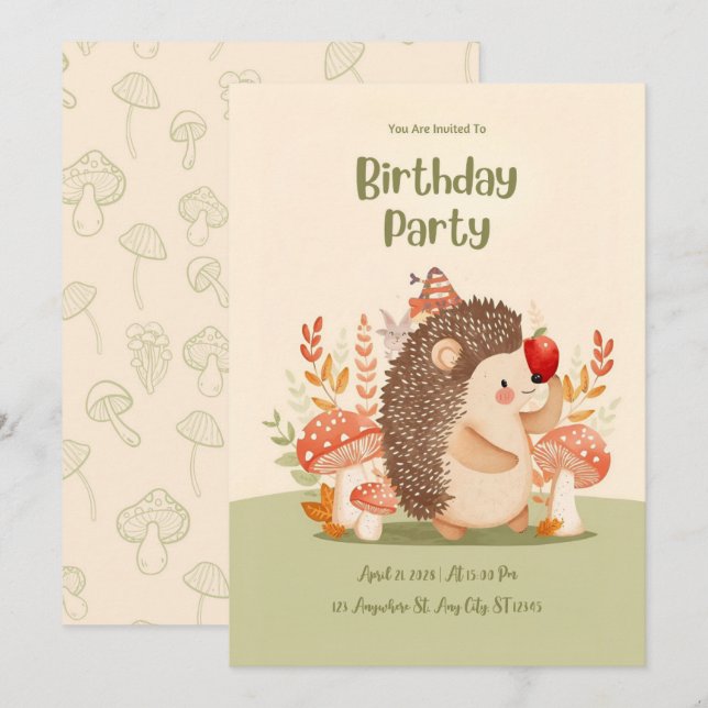 Personalized Woodland Hedgehog Birthday Invitation Einladung (Vorne/Hinten)