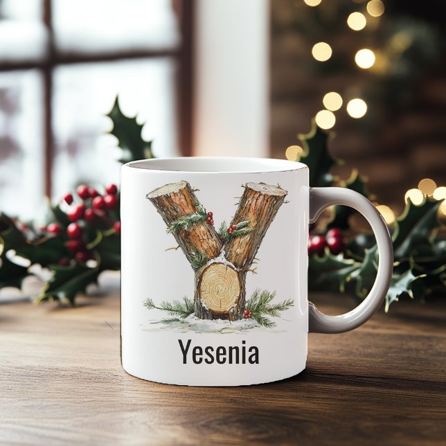 Personalized Woodland Log Monogram Y Christmas Kaffeetasse (Personalized Woodland Log Monogram Y Christmas Coffee Mug)
