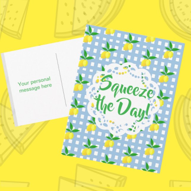 Personalized Yellow Lemons Blue White  Postkarte (Thrifty postcards)