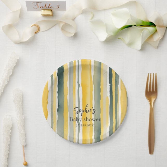 Personalized Yellow Stripe Baby Shower Pappteller (Hochzeit)