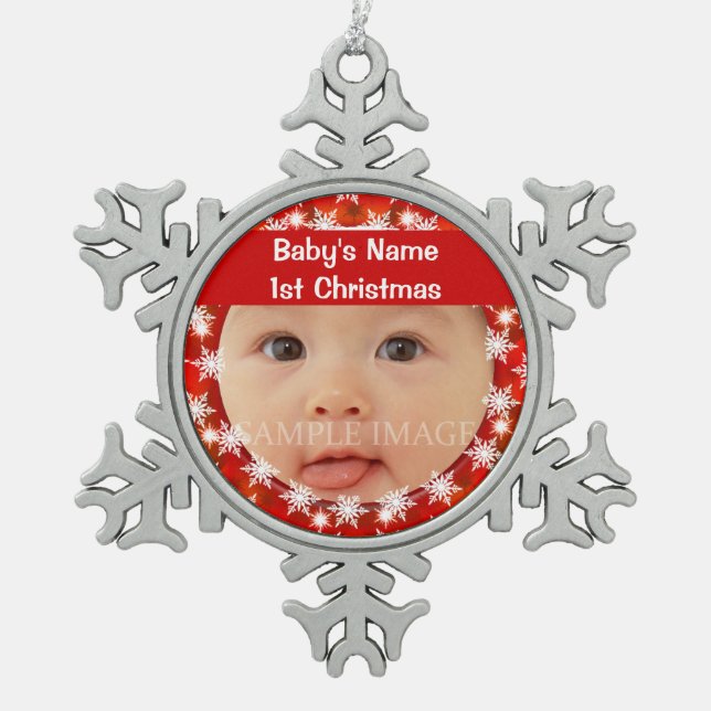 Personifizieren erstes Foto des Babys Weihnachts Schneeflocken Zinn-Ornament (Vorderseite)