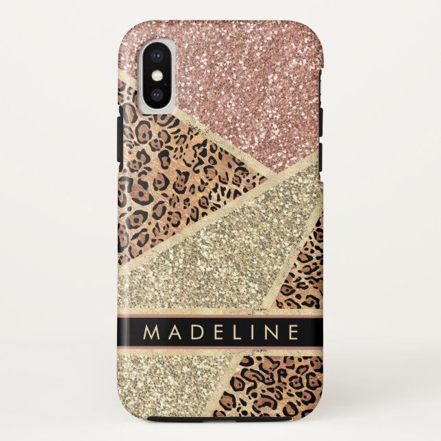 Persönlich gestreifte Rose Gold Glitzer Leopard Case-Mate iPhone Hülle (Rückseite)