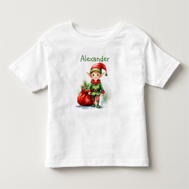 Persönliche Bezeichnung Weihnachtself mit Sack von Kleinkind T-shirt (Vorderseite)