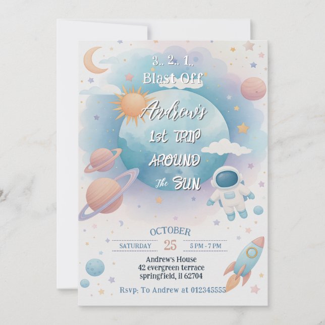 Persönliche erste Reise rund um die Sonne Geburtst Einladung (Vorderseite)