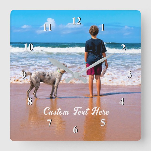 Persönliche Fotouhr mit benutzerdefiniertem Text Quadratische Wanduhr (Vorderseite)