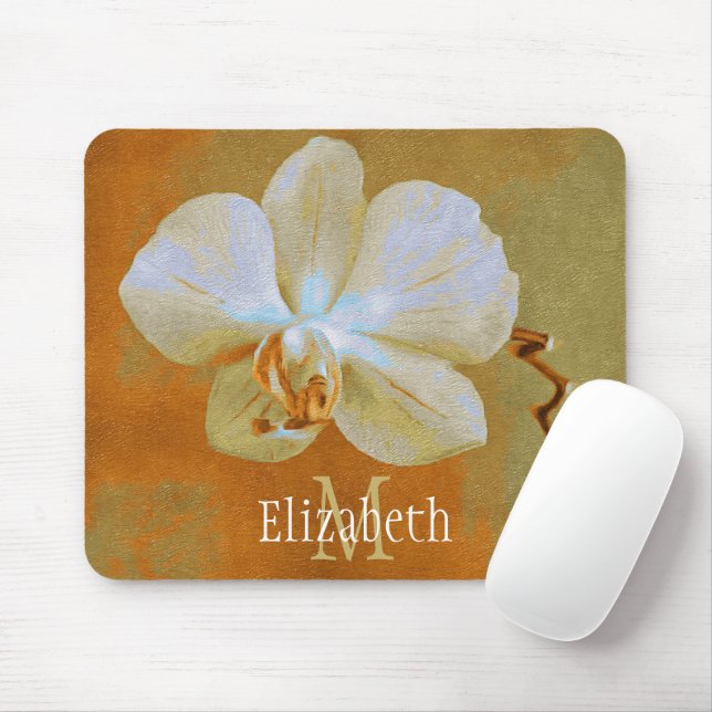 Persönliche Monogramm Weißer Orchid Goldene Rückse Mousepad (Mit Mouse)