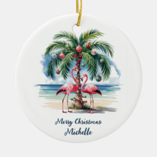Persönliche rosa Flamingo-Palmen Weihnachten Keramik Ornament
