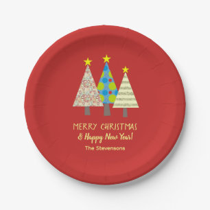 Persönliche rote Weihnachtstanne Pappteller