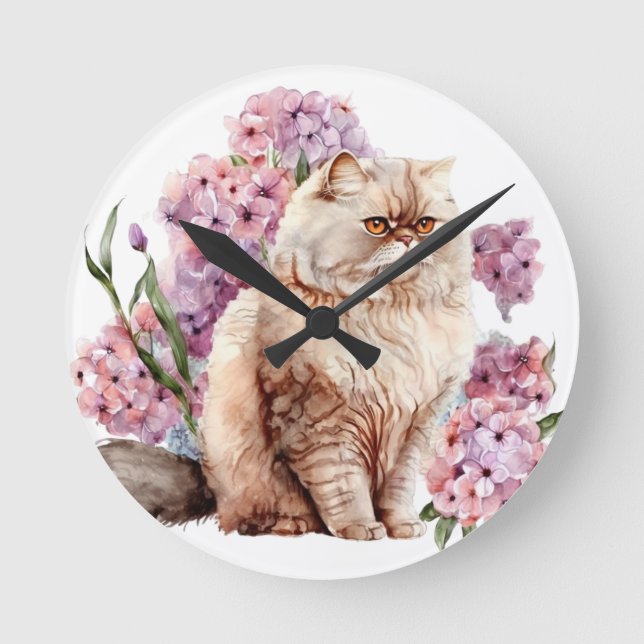 PERSÖNLICHE WASSERKATZE MIT PINK-BLUME RUNDE WANDUHR (Vorderseite)