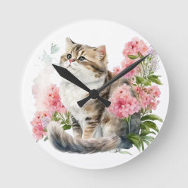 PERSÖNLICHE WASSERKATZE MIT PINK-BLUME RUNDE WANDUHR
