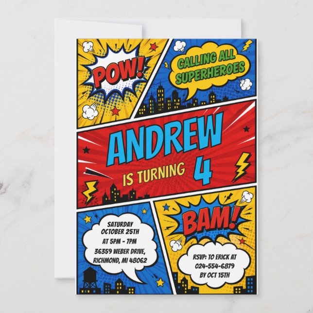 Persönlicher Comic-Superhelden-Geburtstag Einladung (Vorderseite)