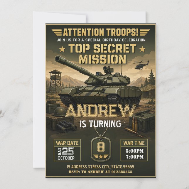 Persönlicher Kinder-Panzer-Geburtstag Einladung (Vorderseite)