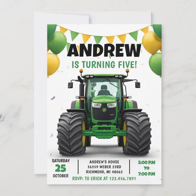 Persönlicher moderner Traktor Geburtstag Einladung (Vorderseite)