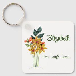 Persönlicher Name, Zitat, Blume auf Papier, Metall Schlüsselanhänger