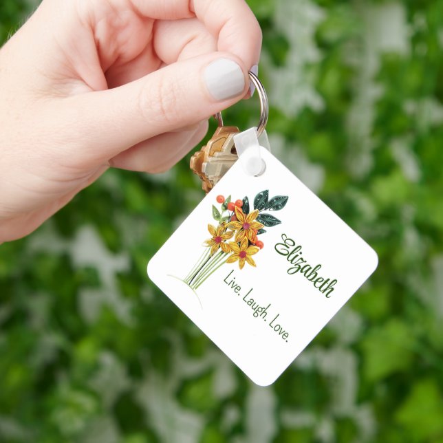 Persönlicher Name, Zitat, Blume auf Papier, Metall Schlüsselanhänger (Hand)