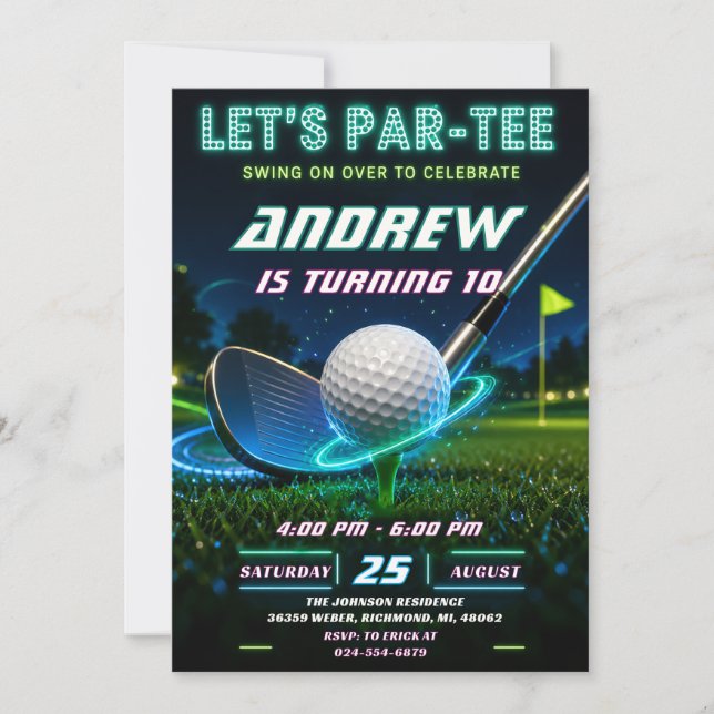 Persönlicher Neon-Golf-Geburtstag Einladung (Vorderseite)