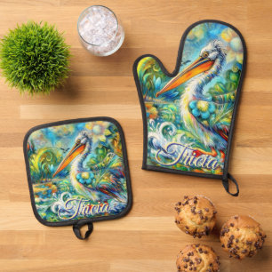 Persönlicher Pelikan-Vogel in Wunderland-Blumen Ofenhandschuh & Topflappen-Set