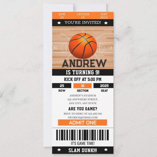 Persönlicher Slam Dunk Birthday Bash Sport Ticket Einladung (Vorderseite)