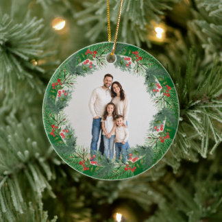 Persönlicher Weihnachtskranz mit Familienfoto als  Keramik Ornament