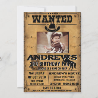 Persönlicher Western-Cowboy mit Foto-Geburtstag Einladung