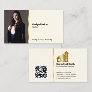 Persönliches Foto, QR-Code, Logos in weiß gebroche Visitenkarte
