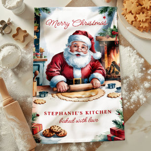 Persönliches Frohe Weihnachten Santa backt Kekse Geschirrtuch