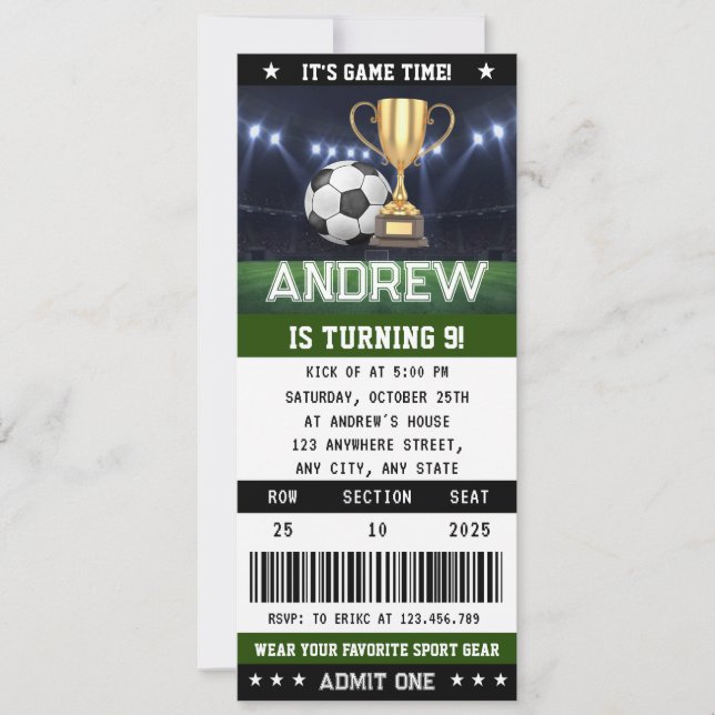 Persönliches Fußballticket Geburtstagsdekoration P Einladung (Vorderseite)