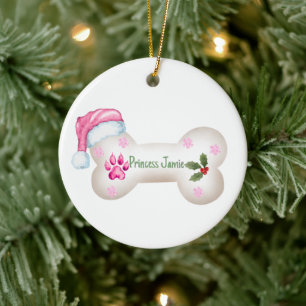 Persönliches Hundeknochen-Weihnachten im rosa Desi Keramik Ornament