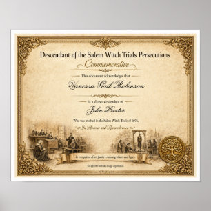 Persönliches Nachkommen-Zertifikat der Hexenprozes Poster
