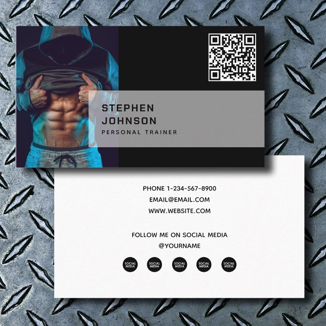 Persönliches Trainer Fitness QR Code Social Media  Visitenkarte (Personal Trainer Fitness QR Code Social Media Icon Business Card)